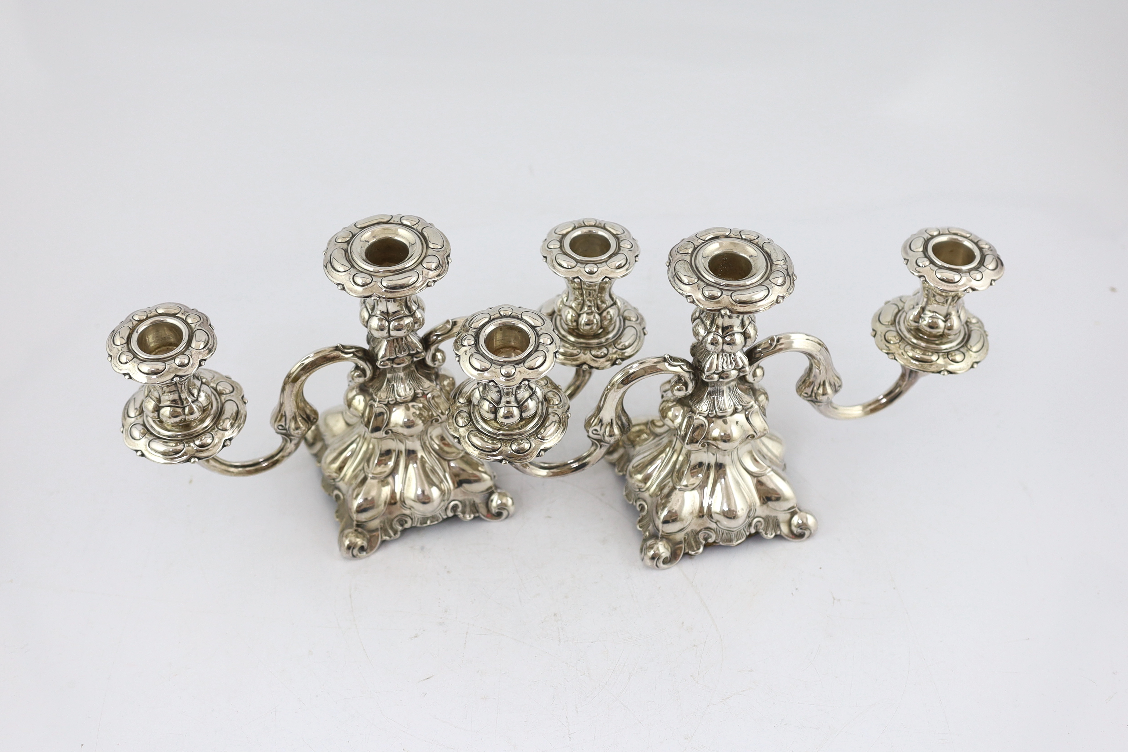 A pair of 1940's Danish silver two branch, three light dwarf candelabra, by Hans Jensen & Co